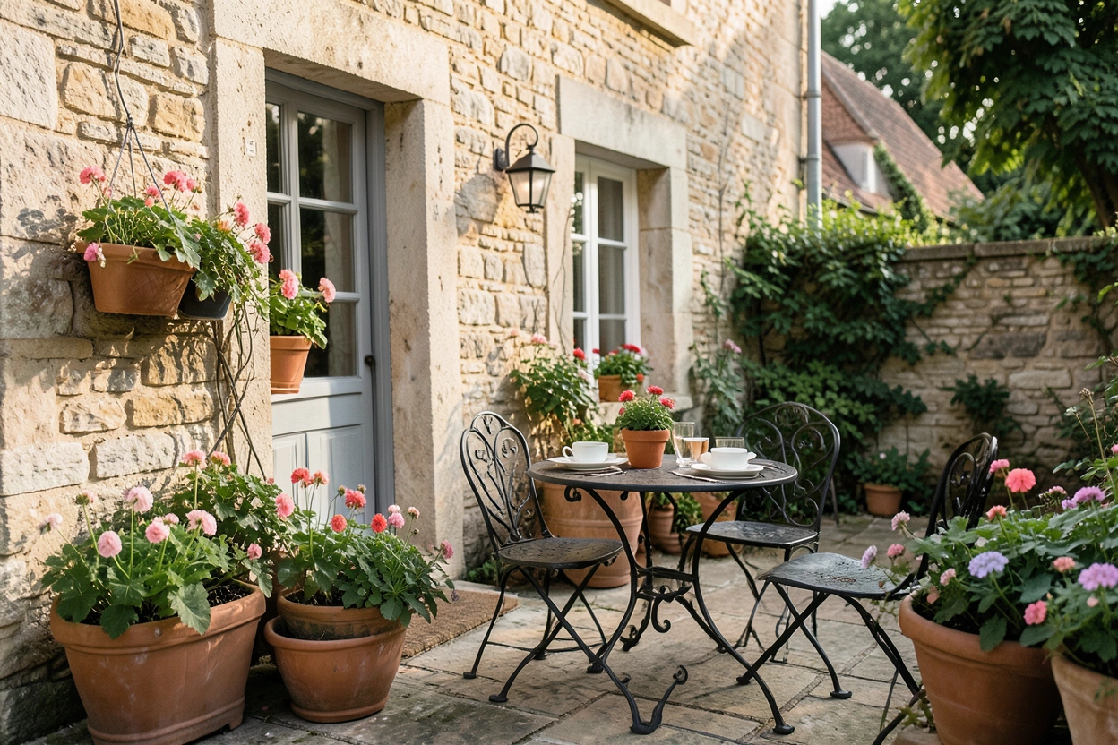 Patio fleuri entoure de murs en pierre dans la maison d'hôtes